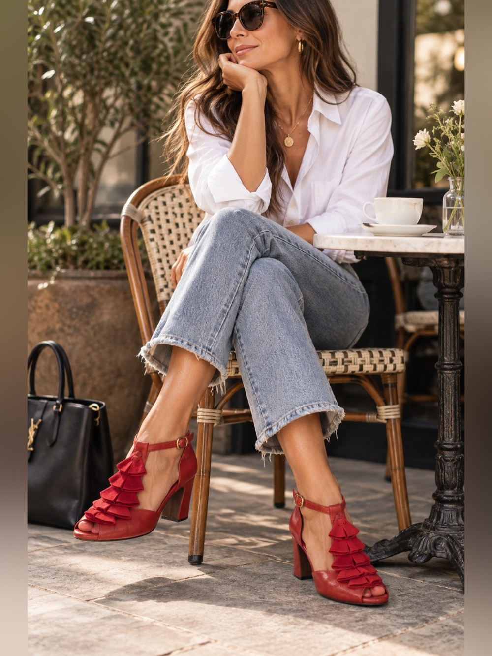 Miz Mooz Red Peep-Toe T-Strap Heels with Layered Ruffle Accent size 7.5